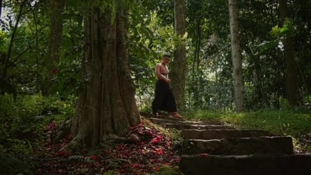 Азиат Идущий Каменной Лестнице Тропическом Лесу Зелеными Листьями Джунглях — стоковое видео