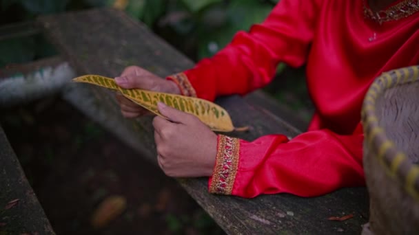 Tajka Kobieta Czerwonej Sukience Siedząca Rano Stole Bawiąca Się Liściem — Wideo stockowe