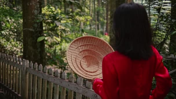 赤い服を着た女性がパートナーから竹の帽子を投げかけ森の中の竹の橋の真ん中で怒りの表情を見せます — ストック動画