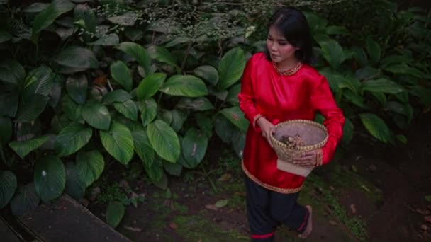 Azjatka Trzymająca Wiklinowy Kosz Idzie Siedzieć Przy Stole Lesie — Wideo stockowe