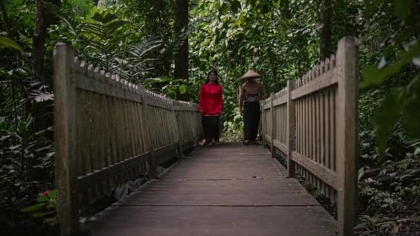 Pareja Vietnamita Ropa Tradicional Caminando Mientras Citas Puente Madera Selva — Vídeo de stock