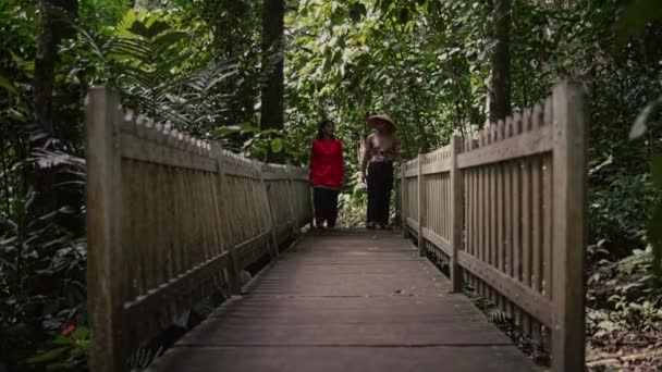 Vietnamesiska Par Traditionella Kläder Promenader Medan Dejta Träbro Djungeln — Stockvideo