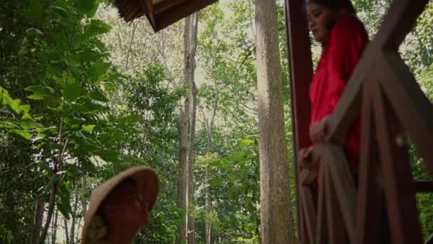 Kırmızı Gömlekli Bir Kadın Ormanın Yakınındaki Ahşap Bir Evde Dururken — Stok video