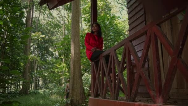 Młoda Kobieta Czerwonej Sukience Siedząca Drewnianym Płocie Podczas Relaksu Drewnianym — Wideo stockowe