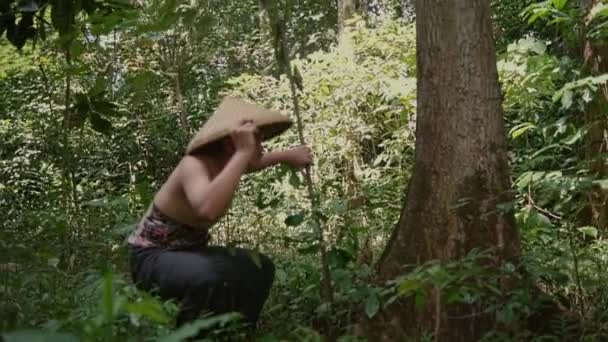 Jovem Asiático Chapéu Palha Caminha Pela Selva Fundo Uma Floresta — Vídeo de Stock