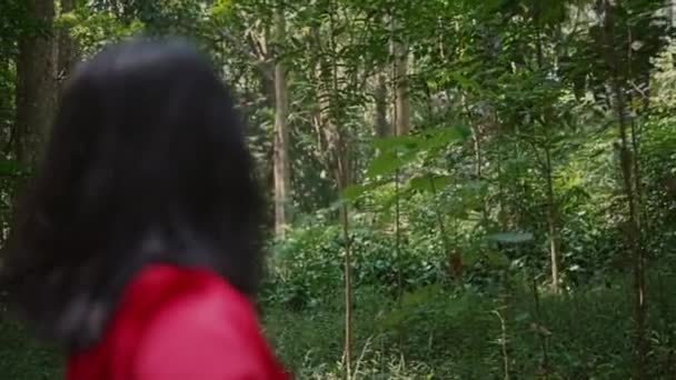 Вид Сзади Женщины Длинными Волосами Красной Рубашкой Джинсами Гуляющей Лесу — стоковое видео