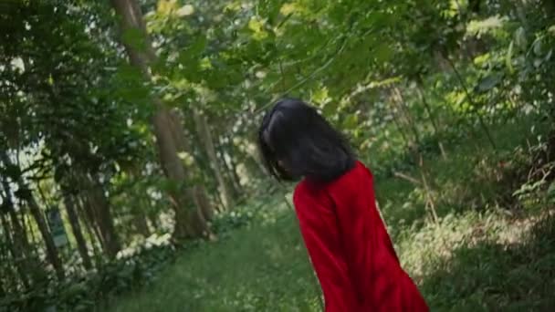 Vue Arrière Une Femme Aux Cheveux Longs Chemise Rouge Jean — Video