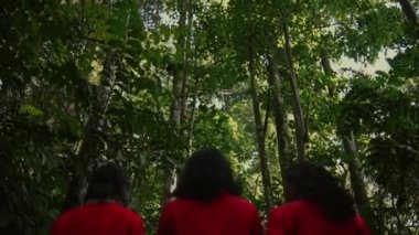 Kırmızı geleneksel elbiseli bir grup kadının portresi. Ormanda mutlu bir yüzle birlikte yürüyorlar.
