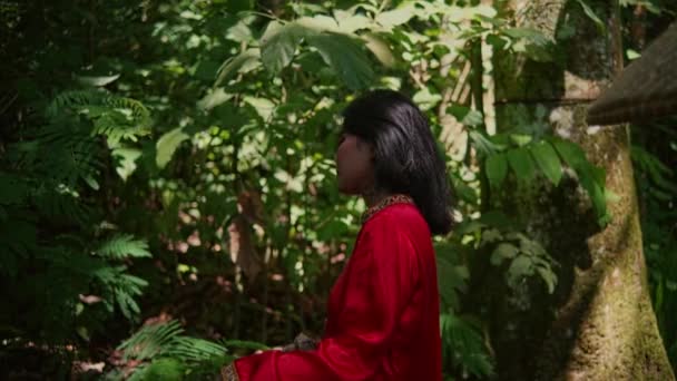 Mulher Asiática Manto Seda Vermelha Com Longos Cabelos Pretos Selva — Vídeo de Stock