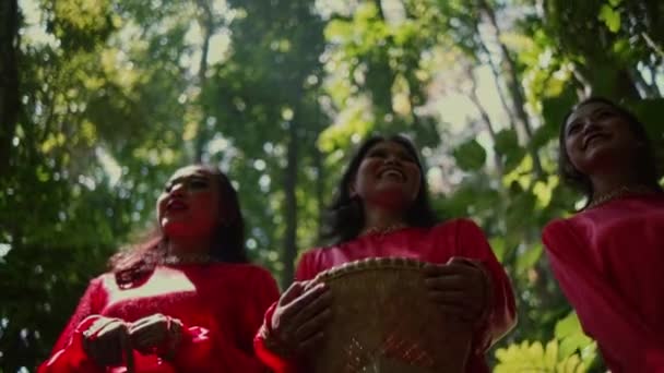 Портрет Групової Жінки Червоній Традиційній Сукні Йде Разом Щасливим Обличчям — стокове відео