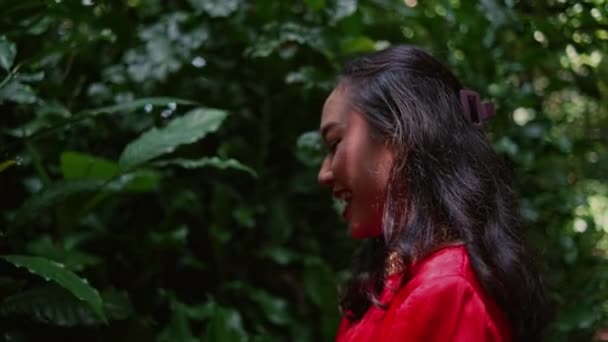 Een Aziatische Vrouw Plukken Bladeren Twijgen Met Haar Vrienden Een — Stockvideo