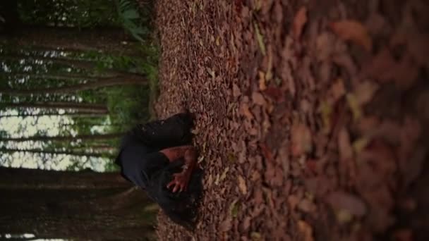 黒い服を着たアジアの女性が夕暮れ時に恐ろしい森の中の枯れ葉で地面を這い — ストック動画