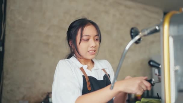 Uma Barista Feminina Trabalhando Para Preparar Café Café Pela Manhã — Vídeo de Stock