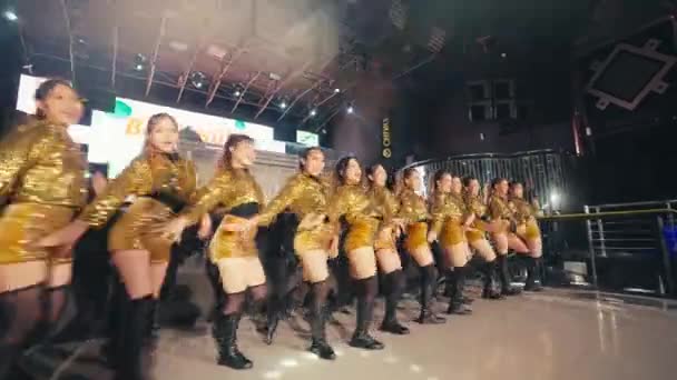 Egy Csoport Táncosok Szexi Táncos Ruhák Agilis Barátaikkal Egy Arénában — Stock videók