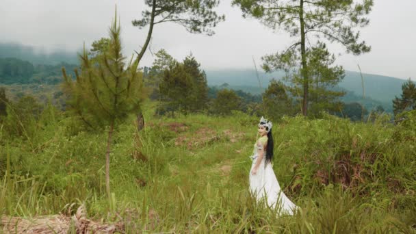朝緑の芝生に囲まれた森の中を歩く白いドレスを着た姫 — ストック動画