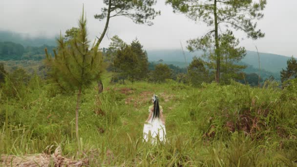 朝緑の芝生に囲まれた森の中を歩く白いドレスを着た姫 — ストック動画