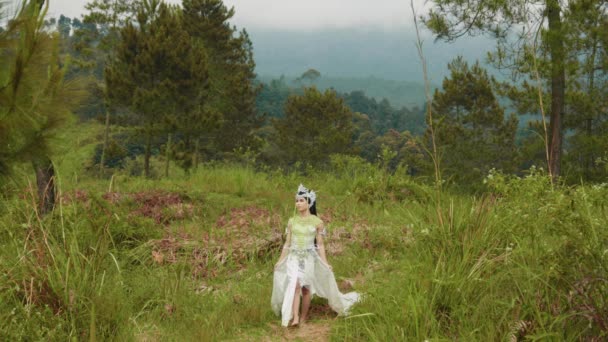 Uma Princesa Vestido Branco Andando Uma Floresta Cheia Grama Verde — Vídeo de Stock
