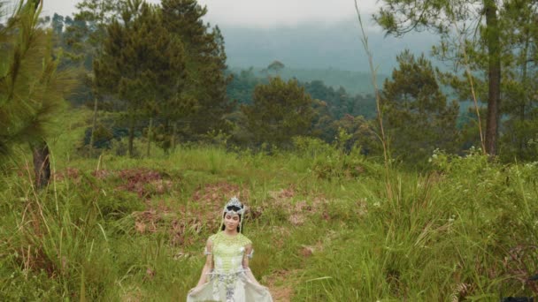 Beyaz Kostümlü Güzel Bir Kadın Sabah Çalılarla Dolu Bir Dağda — Stok video