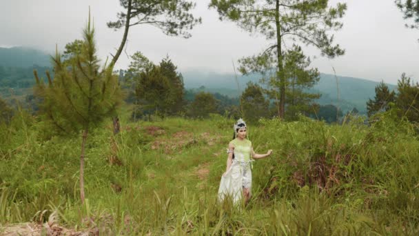 Beautiful Woman White Costume Walking Mountain Full Shrubs Morning — Stock Video