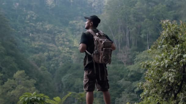 Azjata Stojący Skraju Urwiska Patrząc Piękne Naturalne Krajobrazy Lesie Ciągu — Wideo stockowe