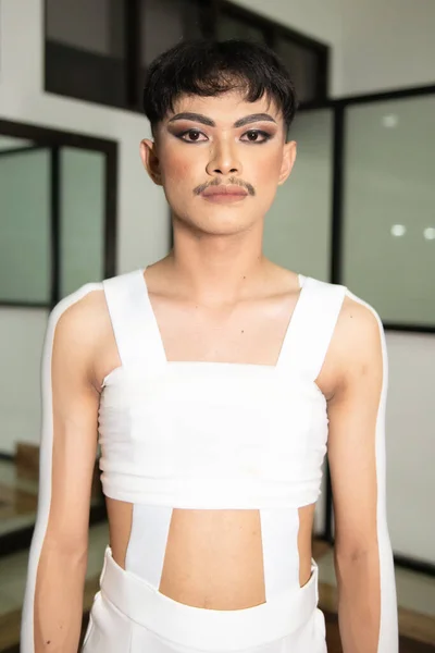 Asian Man Wearing White Shirt Open Sleeves Makeup His Face — Stock Photo, Image