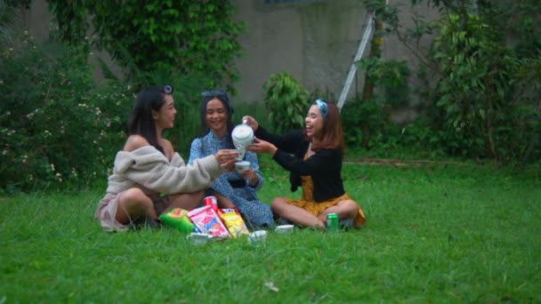 Grupp Asiatiska Tonåringar Som Dricker Med Sina Vänner Grön Park — Stockvideo