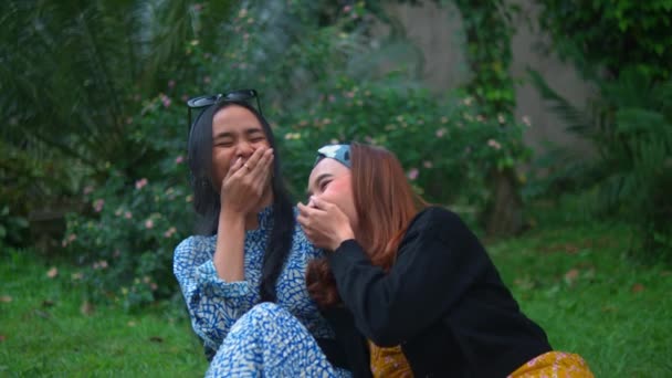 Grupo Adolescentes Asiáticos Relaxando Prado Verde Com Seus Amigos Uma — Vídeo de Stock