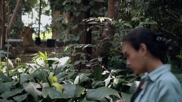 Egy Ázsiai Sétál Egyedül Erdő Közepén Miközben Egy Okostelefont Tart — Stock videók
