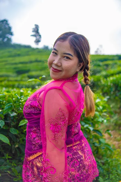 ピンクの衣装を着たアジア人女性が 午前中に茶のプランテーションの前に — ストック写真