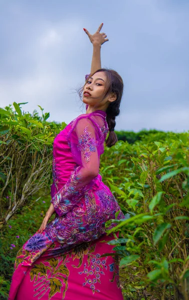 Asian Woman Posing Very Sexy Tea Plantations While Wearing Pink — Stock Photo, Image
