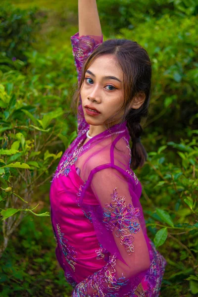 Asian Woman Posing Very Sexy Tea Plantations While Wearing Pink — Stock Photo, Image