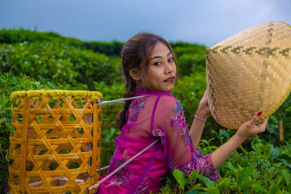 Una Chica Vietnamita Está Pie Medio Jardín Mientras Lleva Una —  Fotos de Stock