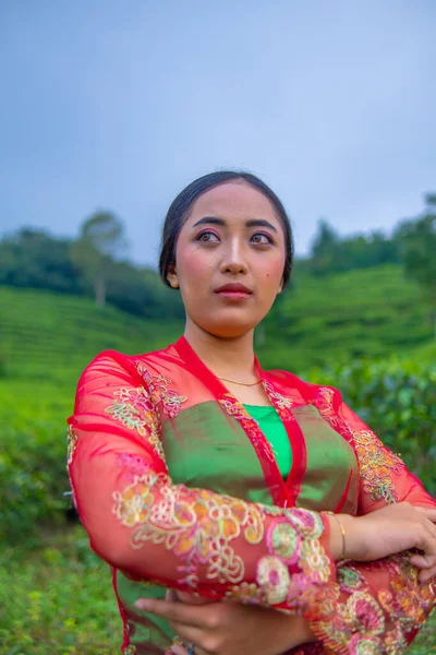 Asian Woman Standing Posing Tea Leaves Day — Stock Photo, Image