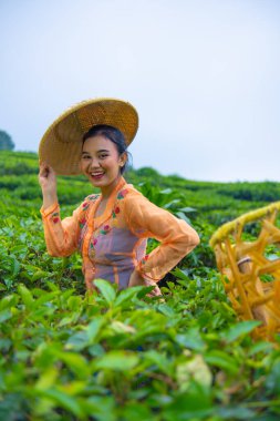 Cava 'lı bir kadın sabah turuncu bir elbise giydiğinde çay bahçesiyle ilgileniyor.