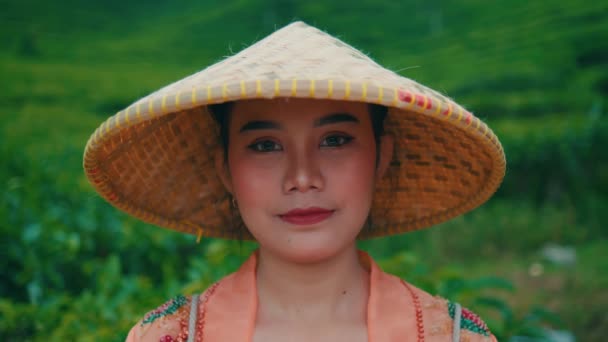 Asyalı Bir Kadın Sabahları Yeşil Çiftçilerle Dolu Çay Bahçelerinin Genişliğine — Stok video