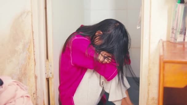 Asian Woman Crying Depressed Bathroom Because Being Bullied Her Boyfriend — Stock Video