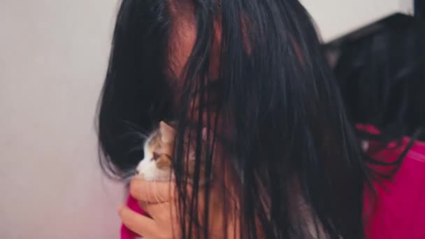 Asiatisk Kvinna Gråter Och Stressad Medan Krama Katt Grund Att — Stockvideo