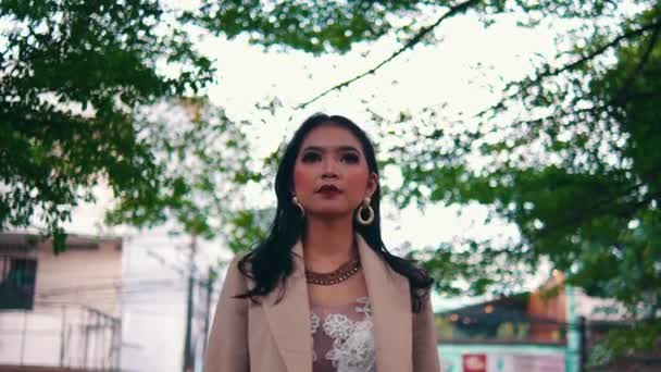 Elegante Donna Asiatica Con Orecchini Oro Trucco Piedi Guardando Hotel — Video Stock