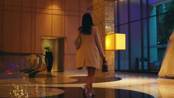 Efektowny Azji Kobieta Spacery Drogim Hotelu Wielką Pewnością Nocy — Wideo stockowe
