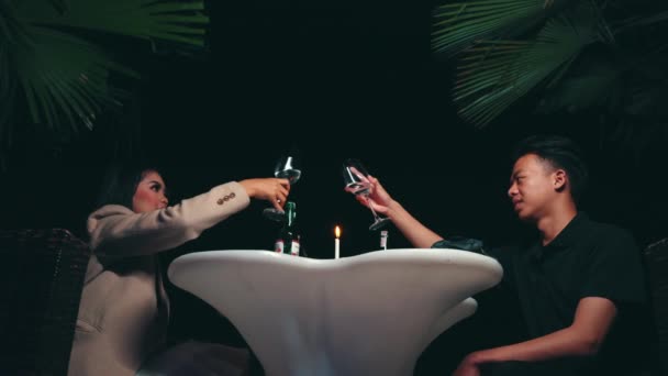 愛好家のカップルは夜に一緒にワインを飲むことによって高級ホテルで上品な食事をしている — ストック動画