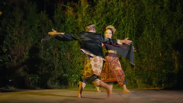 Casal Dançando Juntos Palco Muito Animado Romântico Cheio Árvores Luzes — Vídeo de Stock