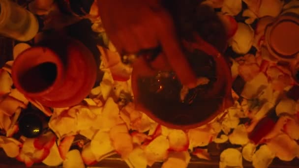 Shaman Hand Inserting Incense Burning Jug Altar Offerings Ritual Night — Stock Video