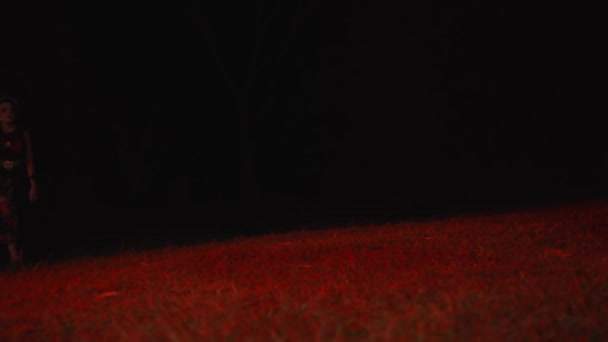 Dancer Runs Empty Field Crying Sad Red Glow Night — Stock Video