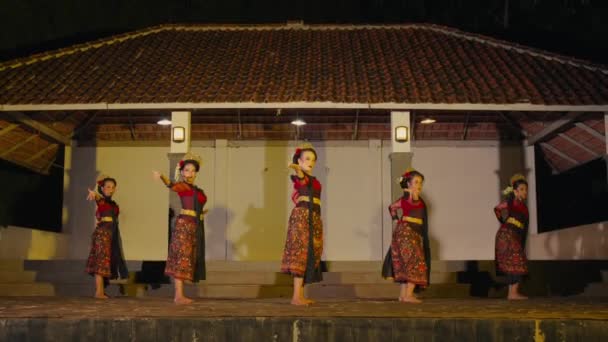 ダンサーのグループが 夜のパビリオンで バティックのコスチュームを着ながら 友達と伝統的なダンスを踊ります — ストック動画