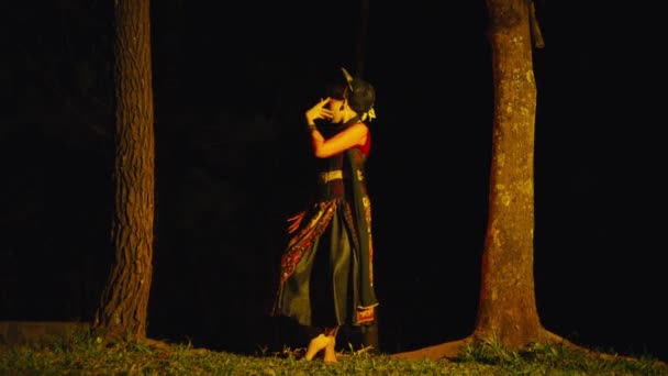 Asyalı Bir Kadın Geceleri Sarı Işıkları Olan Iki Ağaç Arasında — Stok video