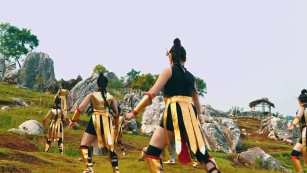 黄金の衣装を着た王族兵の集団が 岩の丘で武術を練習していました — ストック動画