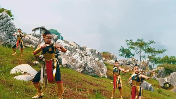 Grupa Królewskich Żołnierzy Złotych Kostiumach Ćwiczyła Sztuki Walki Skalistym Wzgórzu — Wideo stockowe