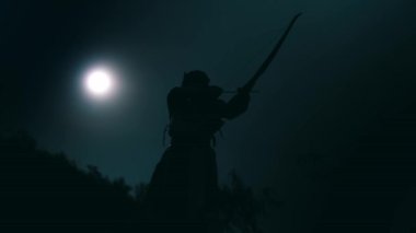 Siluetli bir kadın okçu gece yayını uçurumdan çekerken ayakta duruyor.
