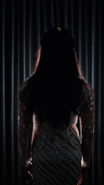 Silhouet Van Een Vrouw Tegen Een Donkere Achtergrond Met Dramatische — Stockvideo