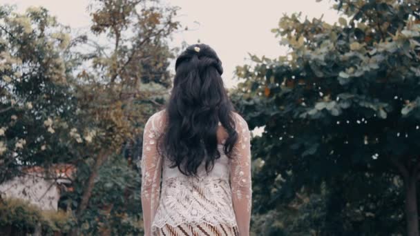 Rear View Woman Floral Dress Standing Outdoors Contemplating Nature Morning — Stock Video